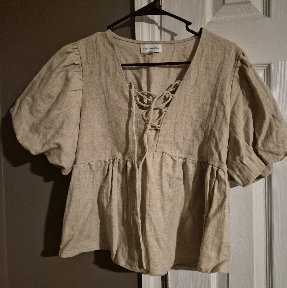 Linen Lace-Up Cream Blouse
